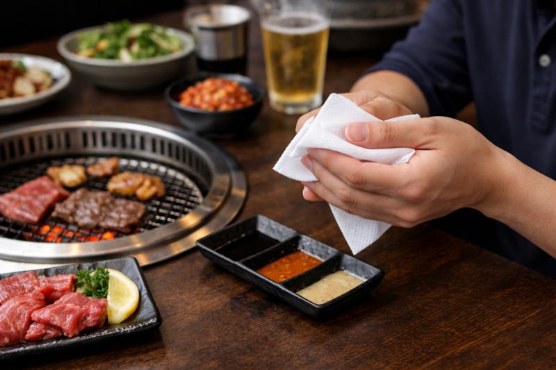 焼肉店におすすめ　大判サイズのおしぼり「エマーブルメッシュLL」